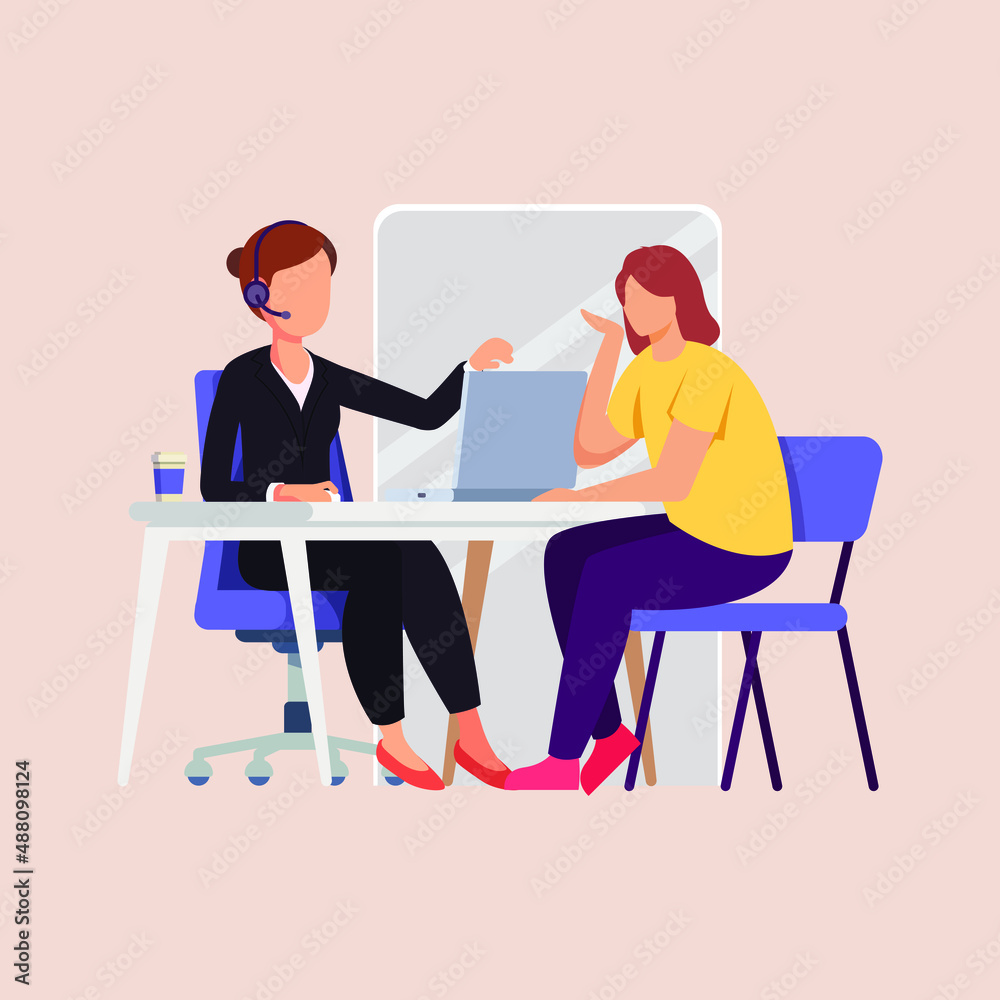 Woman sitting on hotline operator and complaining for services in hospital. Online global technical support 24/7, customer and operator vector illustration. Woman sitting on hotline operator and complaining for services in hospital. Online global technical support 24/7, customer and operator vector illustration.