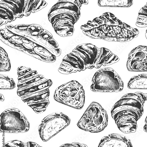 388_croissant_croissant, french dough graphic vector set, bakery sign, fresh dessert, topping, cream, berries,seamless pattern
