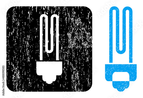 Vector fluorescent bulb subtracted pictogram. Grunge fluorescent bulb stamp, done from icon and rounded square. Rounded square stamp seal contain fluorescent bulb subtracted shape inside.
