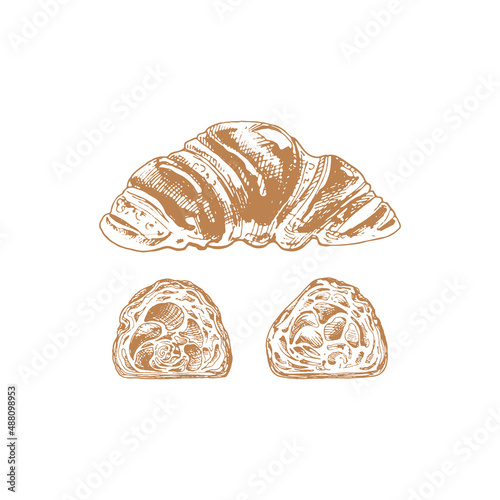 378_croissant_croissant whole and half, icon for baking or food design, vector illustration, detailed graphics, side view, airy, fresh
