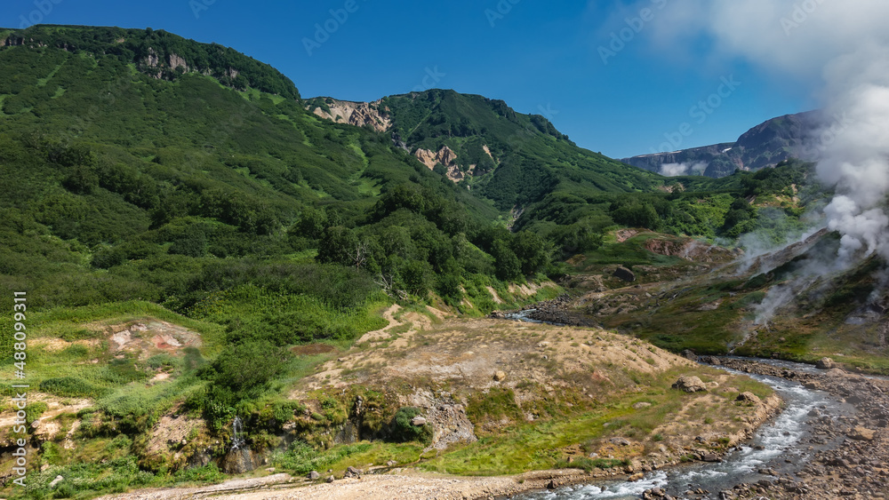 In the Valley of Geysers, the river flows along a rocky bed. The mountains are covered with green vegetation. Columns of steam from hot springs and fumaroles rise above the slopes. Blue sky. Kamchatka