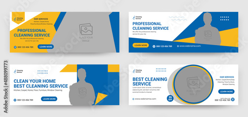 Cleaning service Facebook Cover and web banner design template ,digital marketing web banner design, bundle template, 4 design with blue and yellow color 