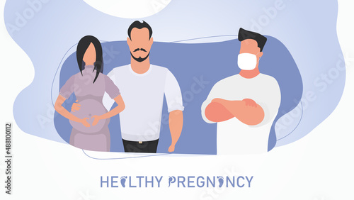 Healthy pregnancy banner. Pregnant woman and her man at the doctor's office. Vector illustration design.