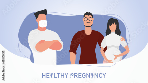 Healthy pregnancy banner. A pregnant woman and her man came to the doctor. Vector illustration.