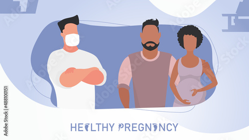 Healthy pregnancy banner. A pregnant woman and her man came to the doctor. Vector illustration design.