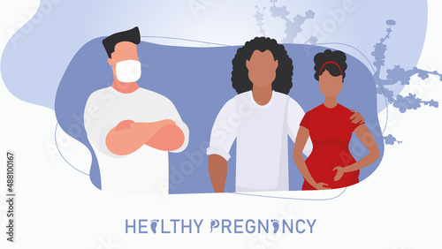 Healthy pregnancy banner. A married couple consult with a doctor. Vector illustration.