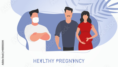 Healthy pregnancy banner. A married couple came to the doctor. Vector illustration.