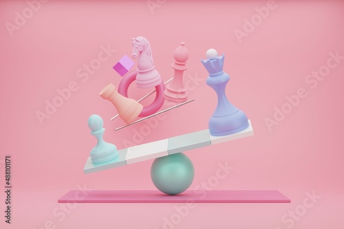 Chess conceptual 3d illustration. Pawn and queen, abstract composition in candy colors.