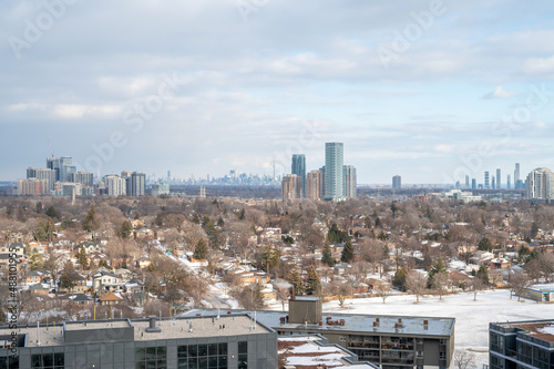Canvas Print views of downtown Toronto from mimco with snow and trees blue skies lake view an