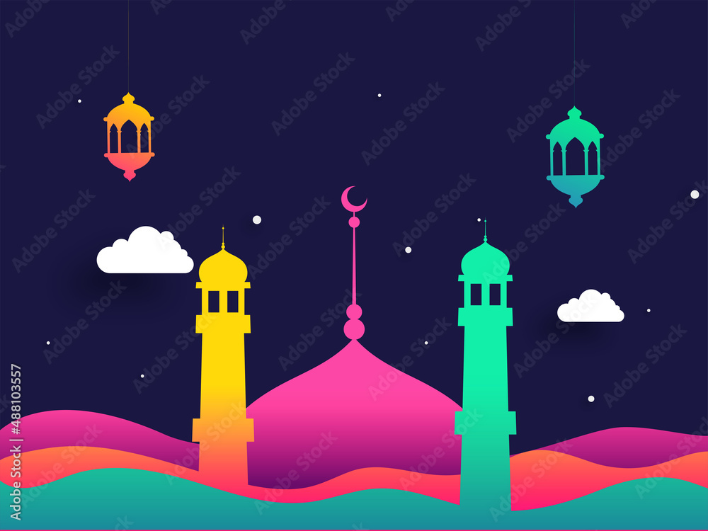 Gradient Mosque With Waves, Hanging Lanterns, Clouds Decorated Blue Background And Copy Space.