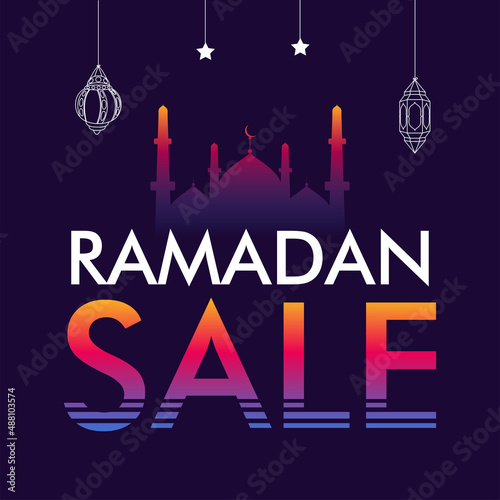 Ramadan Sale Poster Design With Gradient Mosque, Hanging Lanterns And Stars Decorated On Purple Background.