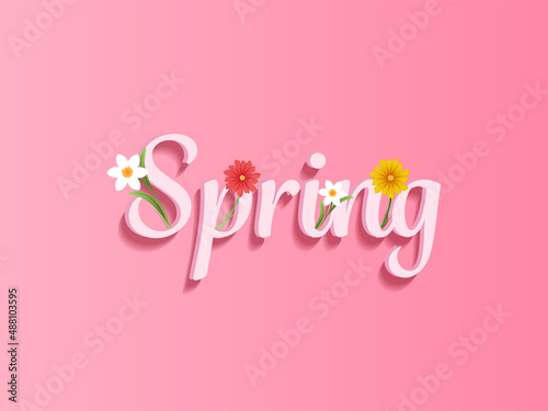 Spring Font Decorated With Flowers On Pink Background.