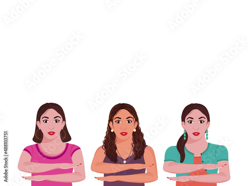 Three Young Girls Making Equality Arm Gesture On White Background.