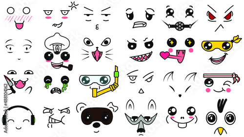 Kawaii cute faces. Manga style eyes and mouths. Funny cartoon japanese emoticon in in different expressions. For social networks. Expression anime character and emoticon face illustration. Background.