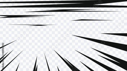 Abstract comic book flash explosion radial lines on transparent background. Vector illustration superhero design. Bright black light strip burst. Flash ray blast glow. Speed lines Manga frame. Anime