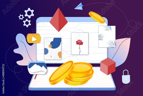 NFT non fungible token infographic with lines and dots network. Pay for unique collectible in video, game, art. Isometric vector illustration of NFT with blockchain technology for web banner template.