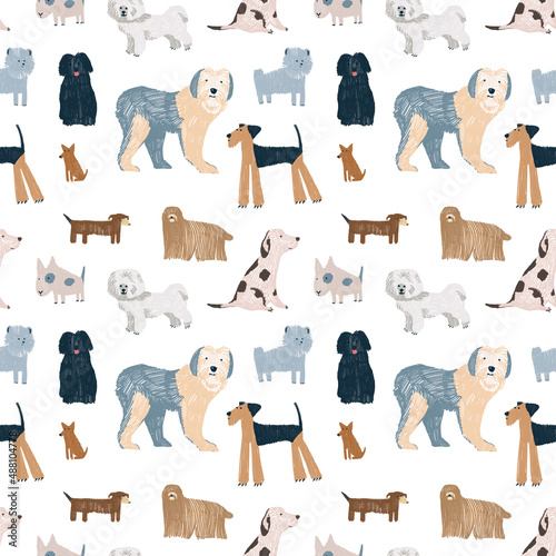 Photography Hand-drawn colorful childish simple seamless pattern with dogs in Scandinavian flat cartoon style isolated on white background