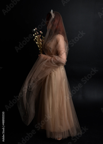  Full length portrait of pretty female model with red hair wearing glamorous fantasy tulle gown and crown. Posing with a moody dark background.