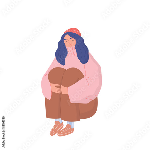 Young girl in a sweater hugs her knees. A cartoon woman accepts herself. Self-love. Vector hand drawn illustration on an isolated white background.