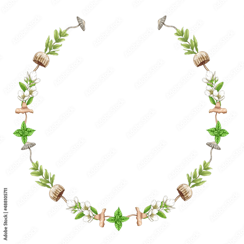 Fototapeta premium Cute magical forest wreath, mushrooms and greenery, witch grimoire decoration element, greeting cards element