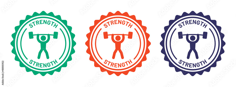 Strength badge icon set. Lifting weight symbol on round design. Fitness symbol