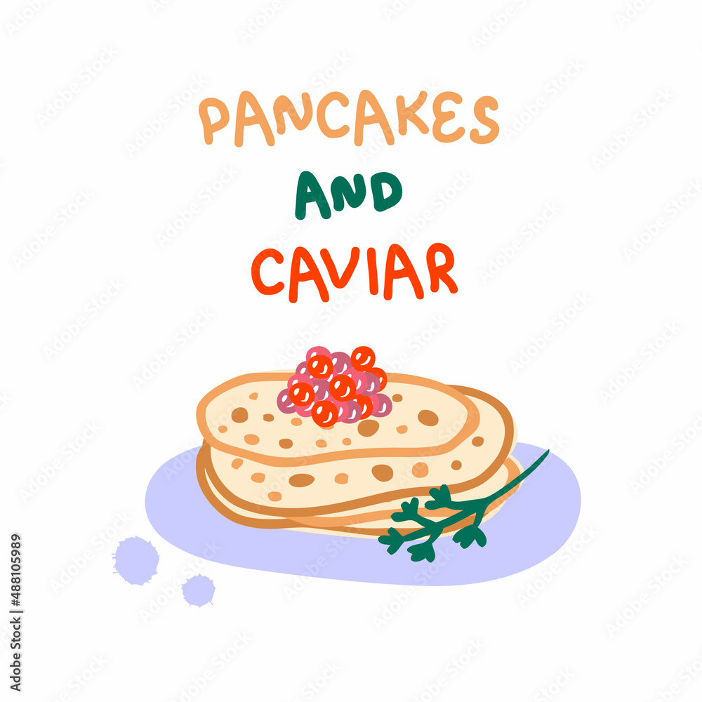 Hand drawn traditional pancakes with caviar vector clipart. Perfect for logo, menu, stickers and print. Doodle vector illustration for decor and design. Hand drawn traditional pancakes with caviar vector clipart. Perfect for logo, menu, stickers and print. Doodle vector illustration for decor and design.