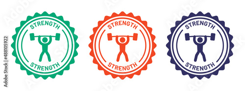 Strength badge icon set. Lifting weight symbol on round design. Fitness symbol