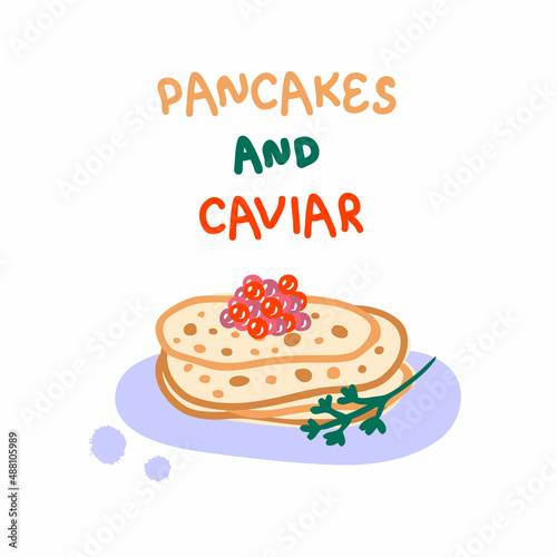 Hand drawn traditional pancakes with caviar vector clipart. Perfect for logo, menu, stickers and print. Doodle vector illustration for decor and design.