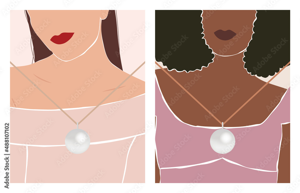 Jewelry display card template. Fashionable illustrations of women