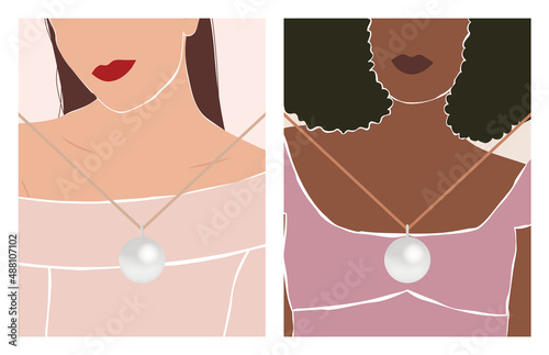 Jewelry display card template. Fashionable illustrations of women. Necklace display card, earring display card