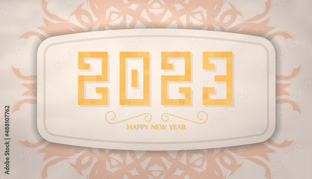 2023 Happy New Year beige greeting card with ornaments. Print-ready template. Vector illustration.