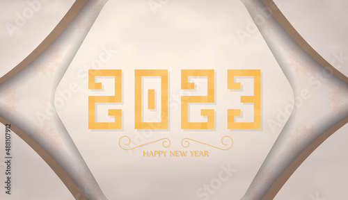 2023 Happy New Year Beige banner with monogram ornaments. Print-ready template. Vector.