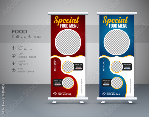 food rollup banner set design template design. food Roll up banner design green, food roll up banner template red, food roll up banner, food roll up banner for Restaurant. Editable template
