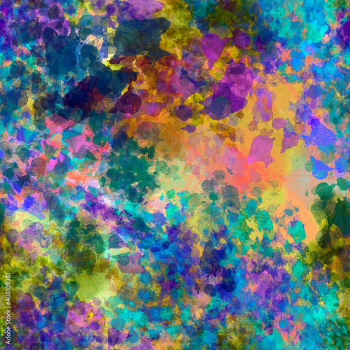 Abstract multicolored hand-painted seamless pattern with bright neon spots, blots, smudges, lines, strokes, stains © Olga