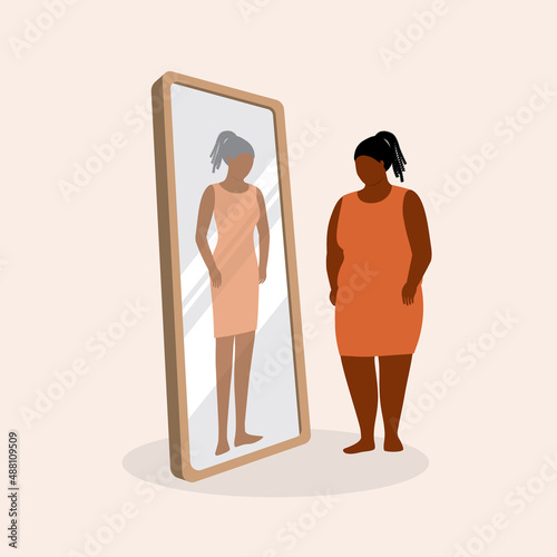 Young Overweight Black Woman Imagine Having Her Slim Body Over The Reflection In The Mirror.
