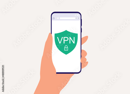 Close-Up View Of User's Hand Holding Mobile Phone With VPN App. Virtual Private Network.