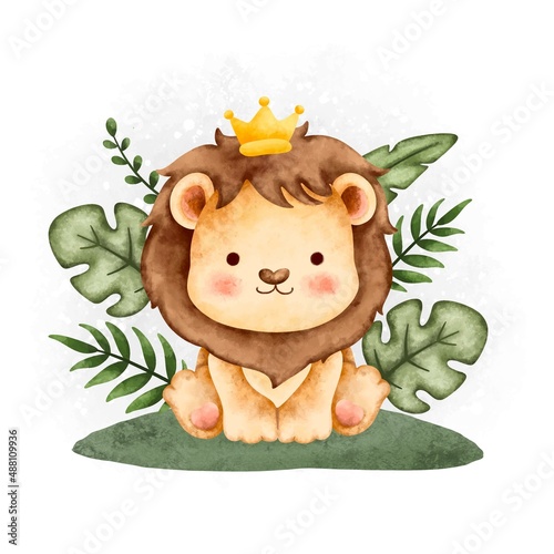 Watercolor animal cute safari lion 