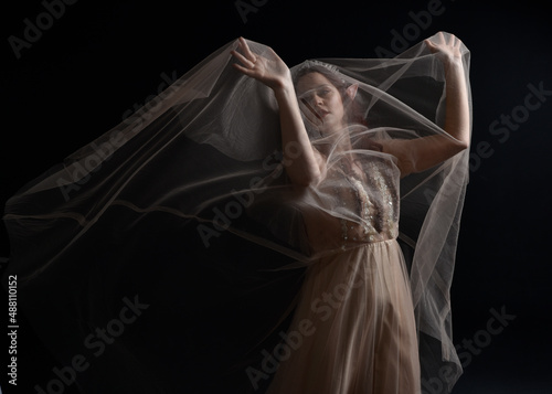 portrait of pretty female model with red hair wearing glamorous fantasy tulle gown and crown. Posing with a moody dark background.