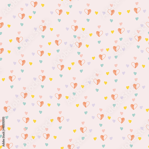 Colorful childish seamless pattern with cute and sweet heart shape in hand drawn style. Modern trendy design Illustration with love flat concept for endless romantic print, background, wallpaper, card