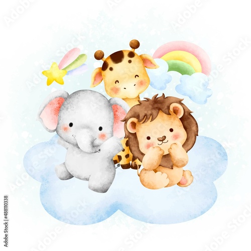 Canvas Print Watercolor cute safari animal sitting on the cloud