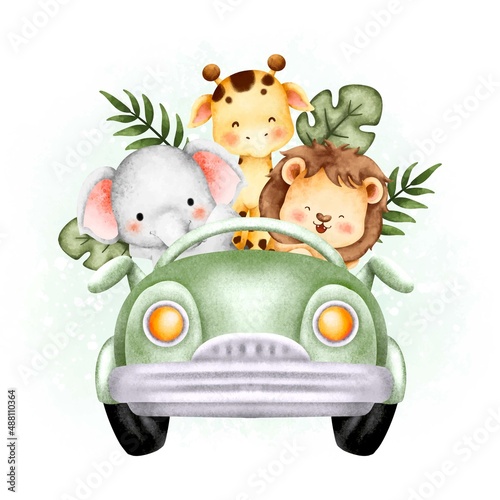 Watercolor cute safari animals in the car 