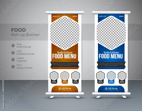 Latest food rollup banner design for restaurant. Vertical roll-up template, food Roll up banner design, food roll up banner. Print-ready Food roll up format. Editable template illustration