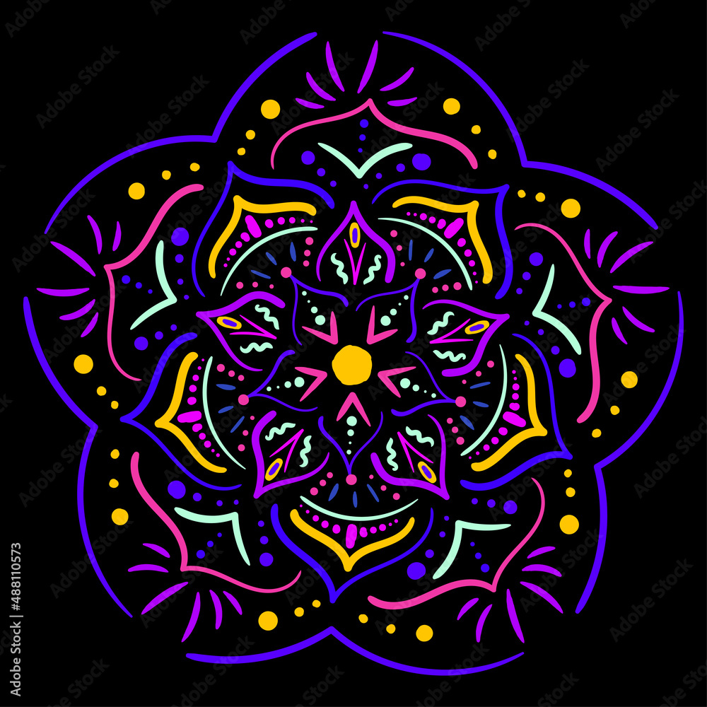 Neon mandala in the hand-drawn style on a dark background Neon mandala in the hand-drawn style on a dark background