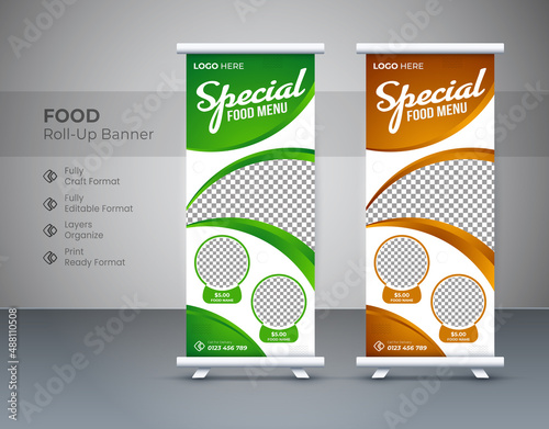 Creative Food Roll-Up banner design Template for Restaurant. Vertical, roll-up template, Cafe Business food roll up banner with two-color. Vertical, roll-up template, Editable template illustration

