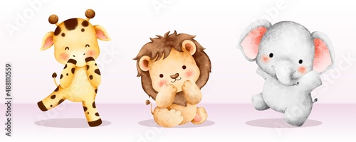 Watercolor set of cute safari animals 