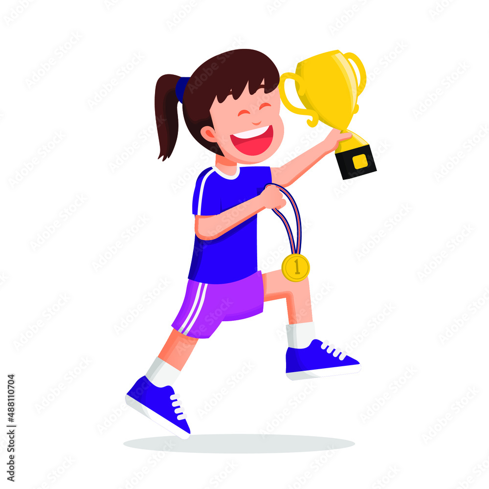 A cute and happy girl holding trophy and gold medal A cute and happy girl holding trophy and gold medal