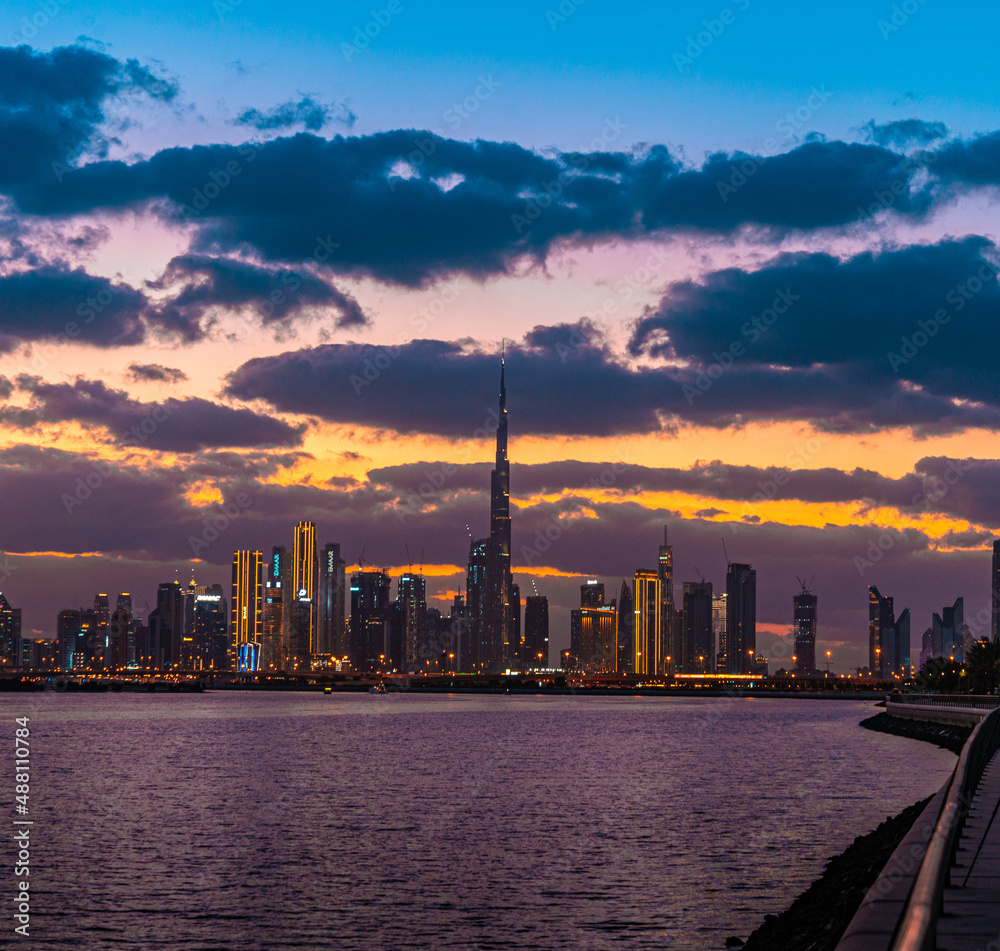 Sunset behind Dubai Skyline