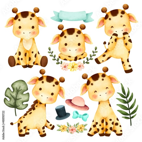Watercolor set of cute safari giraffe and leaves 