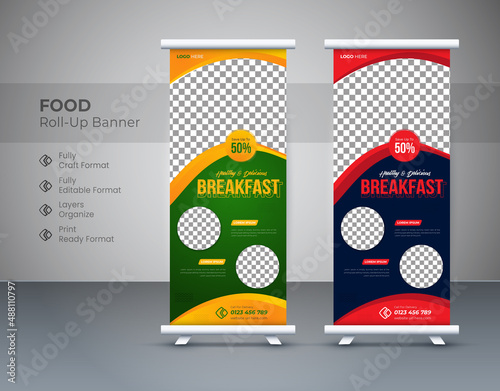 Creative food rollup banner template design. food Roll up banner design green, food roll up banner template red, food roll up banner, food roll up banner for Restaurant. Editable template
