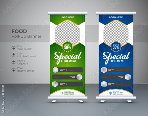 Modern food rollup template design with two-color, food roll up banner design. food roll up banner template, food roll up banner, Corporate roll up banner for Restaurant. Editable template
